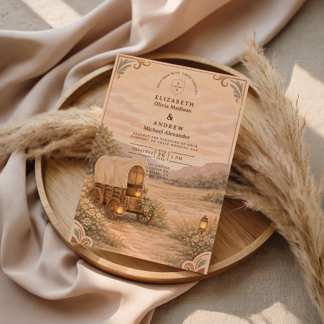 Vintage Covered Wagon Meadow Wedding Inbjudningar (Skapare uppladdad)