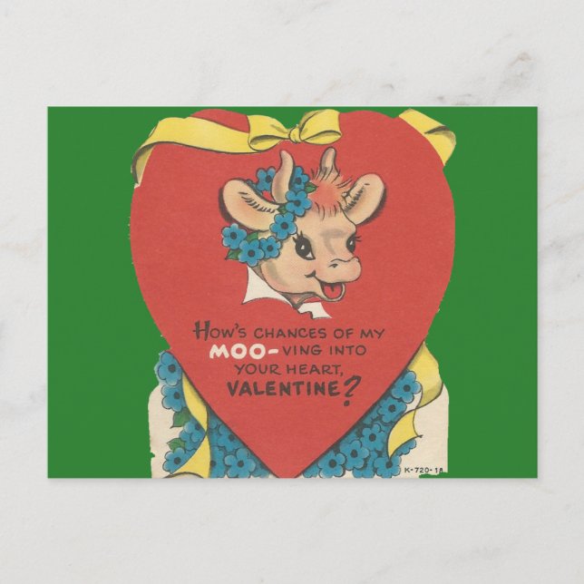 Vintage ’Cow Moo’ Valentine Helg Vykort (Framsida)