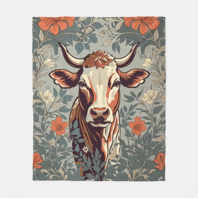 Vintage Cow William Morris Inspired Blommigt Fleecefilt (Framsidan)