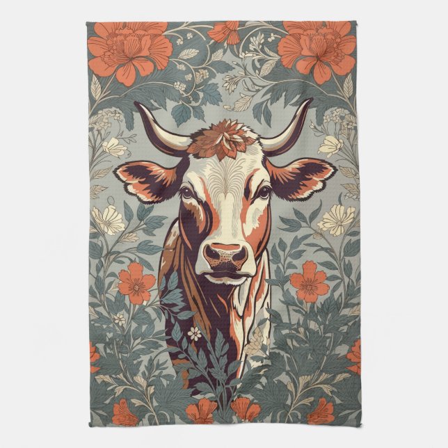 Vintage Cow William Morris Inspired Blommigt Kökshandduk (Vertikal)