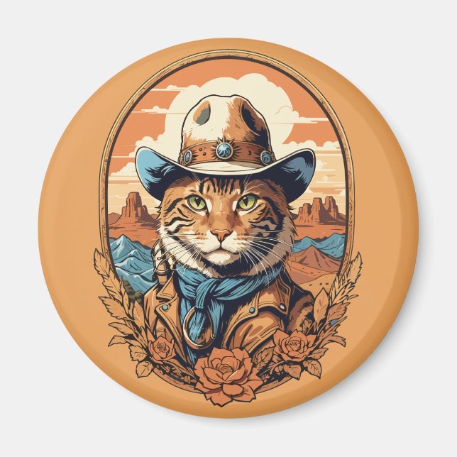 Vintage Cowboy Cat Design Magnet (Framsidan)