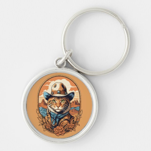 Vintage Cowboy Cat Design Rund Silverfärgad Nyckelring (Framsidan)