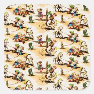 Vintage Cowboy Cowgirl Land Kids Pony Cactus Fyrkantigt Klistermärke