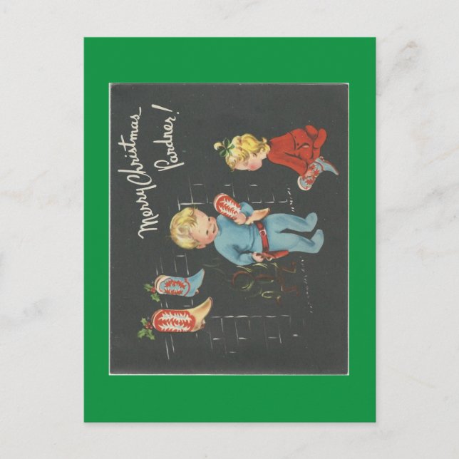 Vintage "Cowboy Kids" jul Helg Vykort (Framsida)