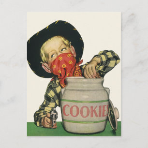 Vintage Cowboy Leksak Gun Hand i Cookie Burk Vykort