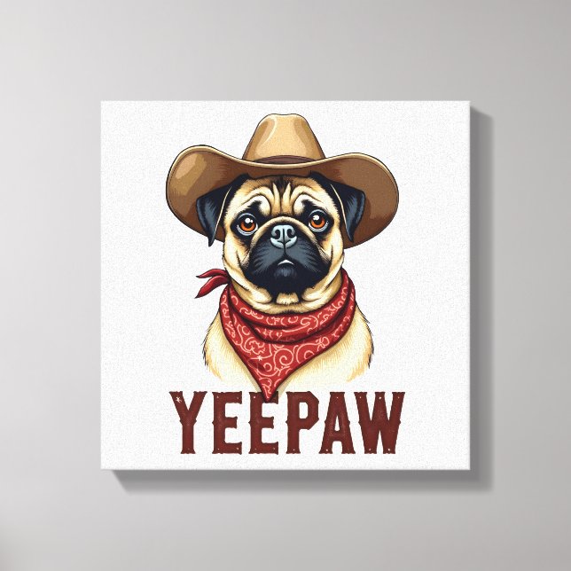 Vintage Cowboy Mops YeePaw Västerländsk Hund Illus Canvastryck (Framsida)