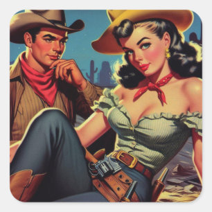 Vintage Cowboy och Cowgirl Fyrkantigt Klistermärke