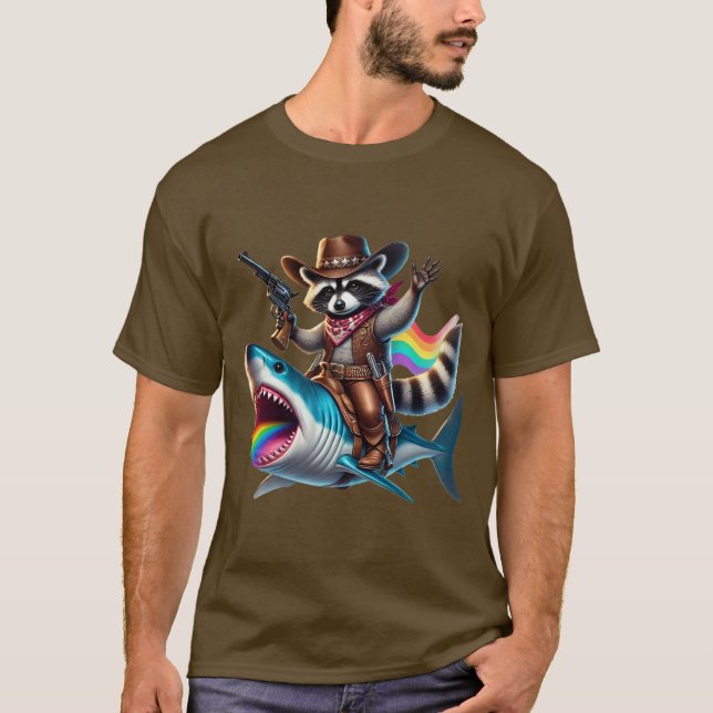 Vintage Cowboy Raccoon Shark Rainbow Art T Shirt (Framsida)