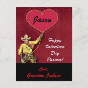 Vintage Cowboy Red Romantic Heart Helg Vykort