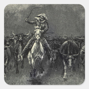 Vintage Cowboys, A Stampede av Frederic Remington Fyrkantigt Klistermärke