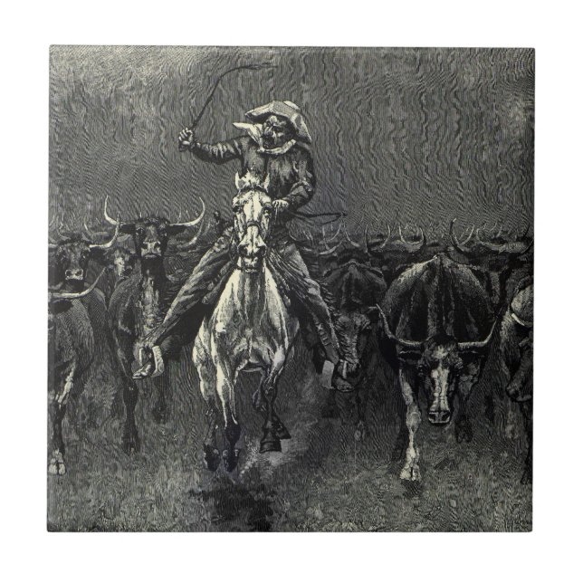 Vintage Cowboys, A Stampede av Frederic Remington Kakelplatta (Framsidan)