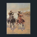 Vintage Cowboys, ett streck för timmer från Reming Vykort<br><div class="desc">Ett streck för timmer (1889) från Frederic Remington är en vintage bra art American Väster-målning. Westerna cowboys och Native Indian skjuter vapen i en strid och försöker döda varandra i krig. De rider hästar i den gamla vilda western. Om konstnären: Frederick Sackrider Remington (1861-1909) var en amerikansk målare, illustratör, skulptor...</div>