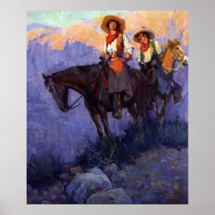 Vintage Cowboys, Man och Kvinna på Hästar, Anderso Poster
