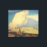 Vintage Cowboys, Open Range av Maynard Dixon Canvastryck<br><div class="desc">Open Range (1942) av Maynard Dixon är en vintage American bra Art Landcape-målning. En cowboyrancher som rider sin häst på sydvästra slätten. Han är samlare hans kor, tjurar och boskap på prärien. Stora vita moln fyller himlar över den öppna gården fält och mesan. Om konstnären: Maynard Dixon (1875-1946) var en...</div>