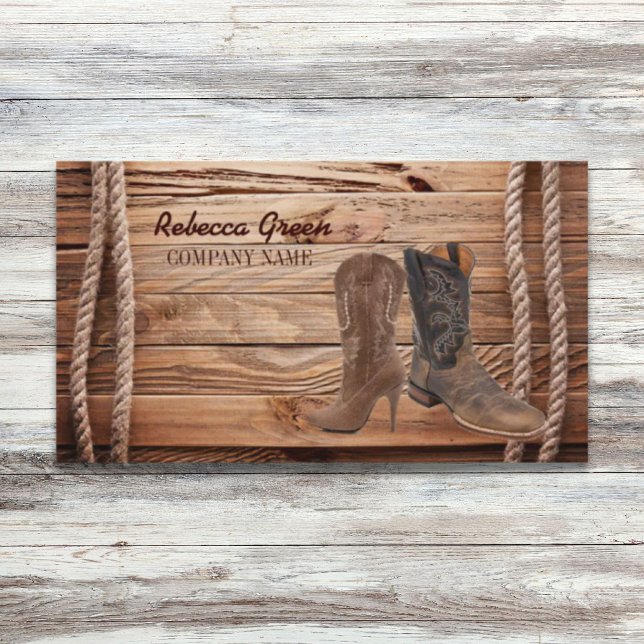 vintage, cowboystövlar westerna mode visitkort (vintage woodgrain cowboy boots western fashion business card)