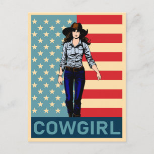 Vintage Cowgirl American Flagga Vykort