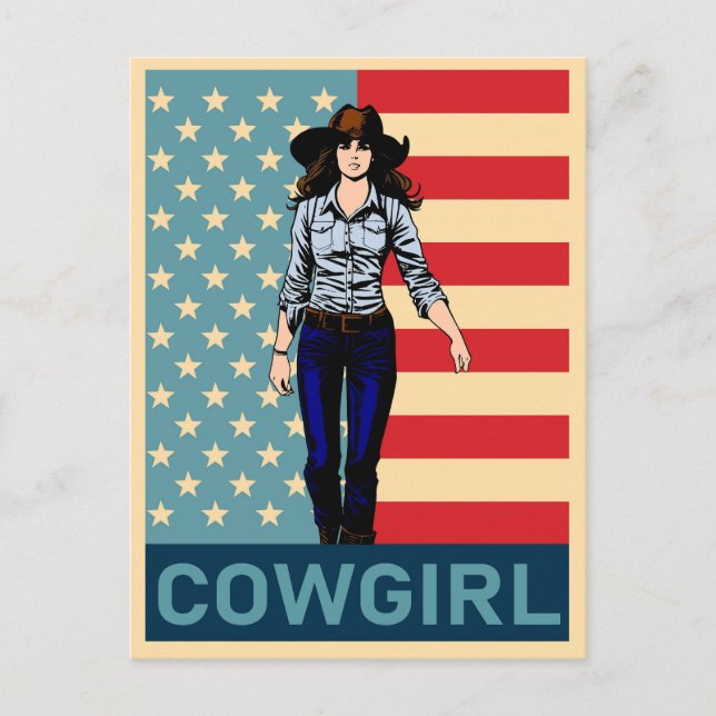 Vintage Cowgirl American Flagga Vykort (Framsida)