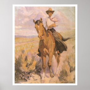 Vintage Cowgirl Cowboy, Kvinna på häst av Dunton Poster