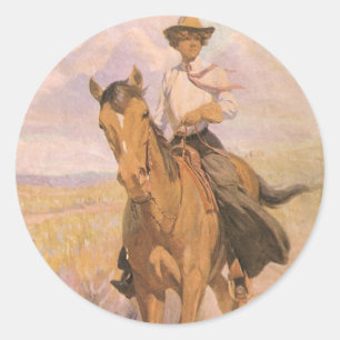 Vintage Cowgirl Cowboy, Kvinna på häst av Dunton Runt Klistermärke
