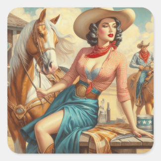 Vintage Cowgirl Fyrkantigt Klistermärke