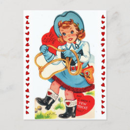 Vintage Cowgirl & Lasso 1950's Valentine Vykort