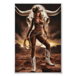 Vintage Cowgirl med Cow Skull Fototryck