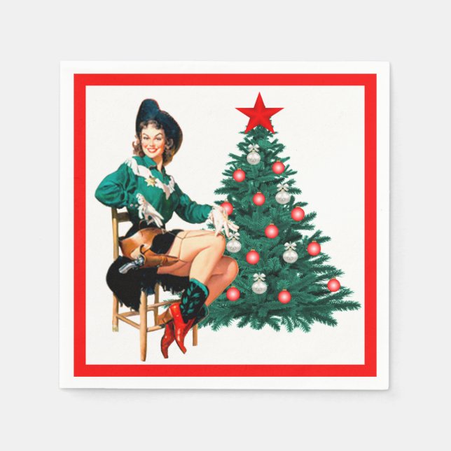 Vintage Cowgirl med Julgran on White Pappersservett (Framsidan)