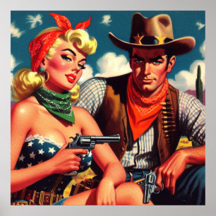Vintage Cowgirl och Cowboy Poster