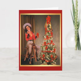 Vintage Cowgirl på sadeln med Julgran Helgkort