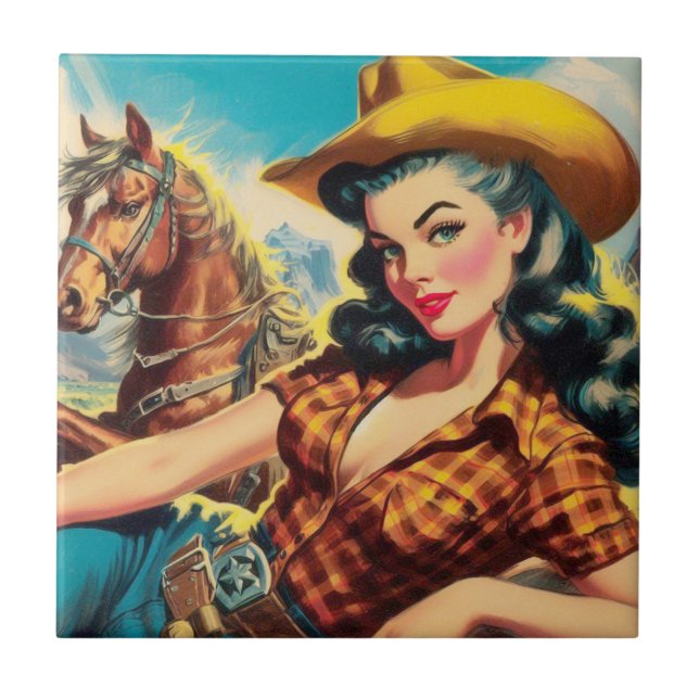 Vintage Cowgirl Painting Kakelplatta (Framsidan)