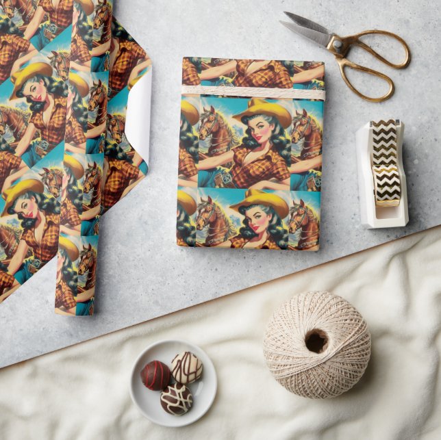 Vintage Cowgirl Painting Presentpapper (Hantverk)