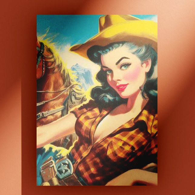 Vintage Cowgirl Painting Vykort (Skapare uppladdad)