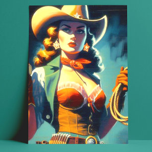 Vintage Cowgirl Painting Vykort