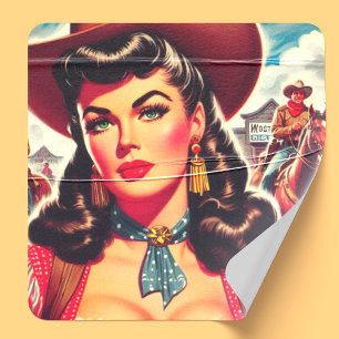 Vintage Cowgirl Pin-up Fyrkantigt Klistermärke