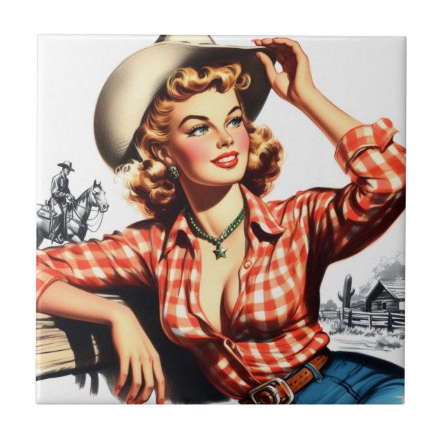 Vintage Cowgirl Pin Up Kakelplatta (Framsidan)