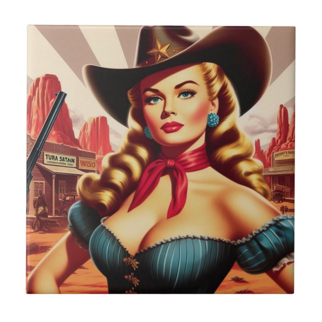Vintage Cowgirl Pin-up Kakelplatta (Framsidan)