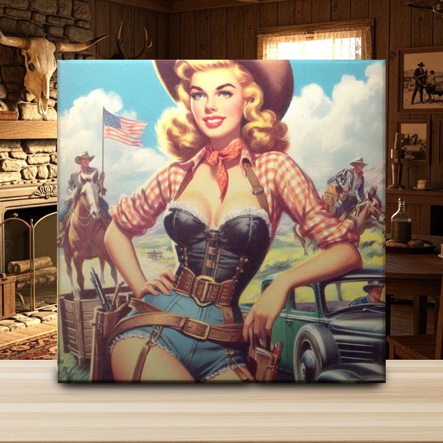 Vintage Cowgirl Pin Up Kakelplatta (Skapare uppladdad)