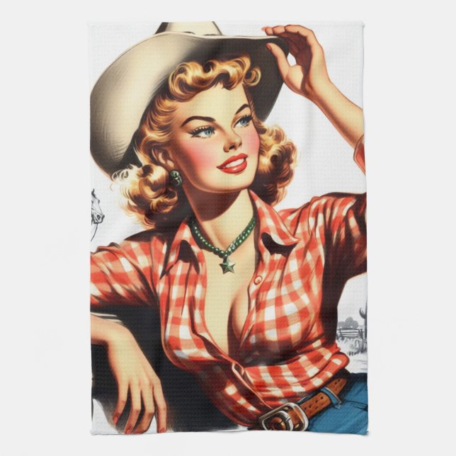 Vintage Cowgirl Pin Up Kökshandduk (Vertikal)