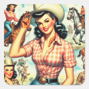 Vintage Cowgirl Seamless Illustration Fyrkantigt Klistermärke