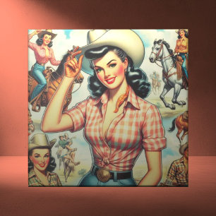 Vintage Cowgirl Seamless Illustration Kakelplatta
