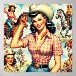 Vintage Cowgirl Seamless Illustration Poster
