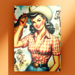 Vintage Cowgirl Seamless Illustration Vykort