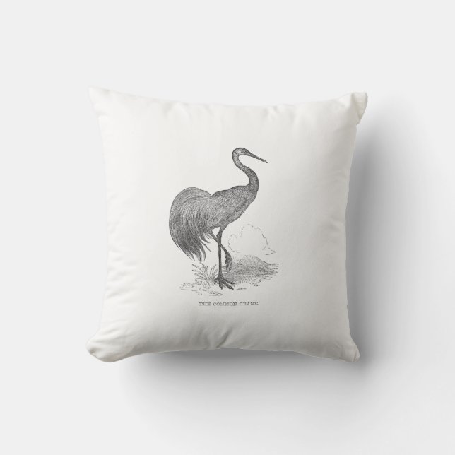 Vintage Crane Bird Pen och Bläck Teckning Kudde (Framsida)