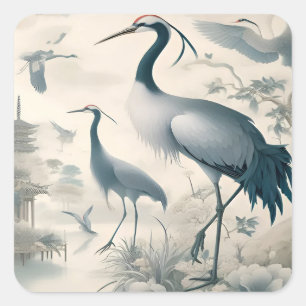 Vintage Cranes Crane Birds Tapet Fyrkantigt Klistermärke
