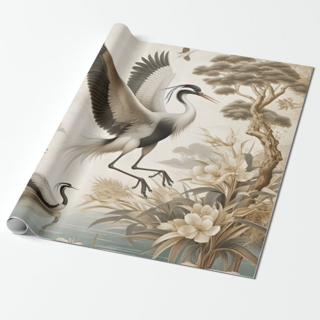 Vintage Cranes Crane Birds Tapet Presentpapper (Utrullad)