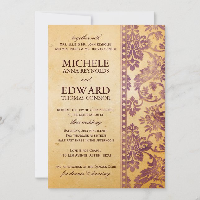 Vintage Cream & Lilac Damask Wedding Inbjudningar (Framsida)