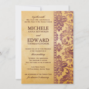 Vintage Cream & Lilac Damask Wedding Inbjudningar