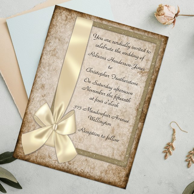 Vintage Cream Ribbon- och Brown Wedding-inbjudning Inbjudningar (Skapare uppladdad)