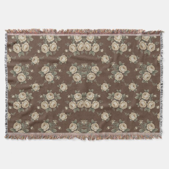 Vintage Cream Roses on Mocha Brown Pattern Filt (Framsidan)