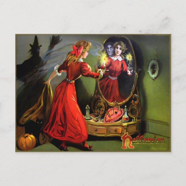 Vintage Creepy Halloween Spegel vykort (Framsida)